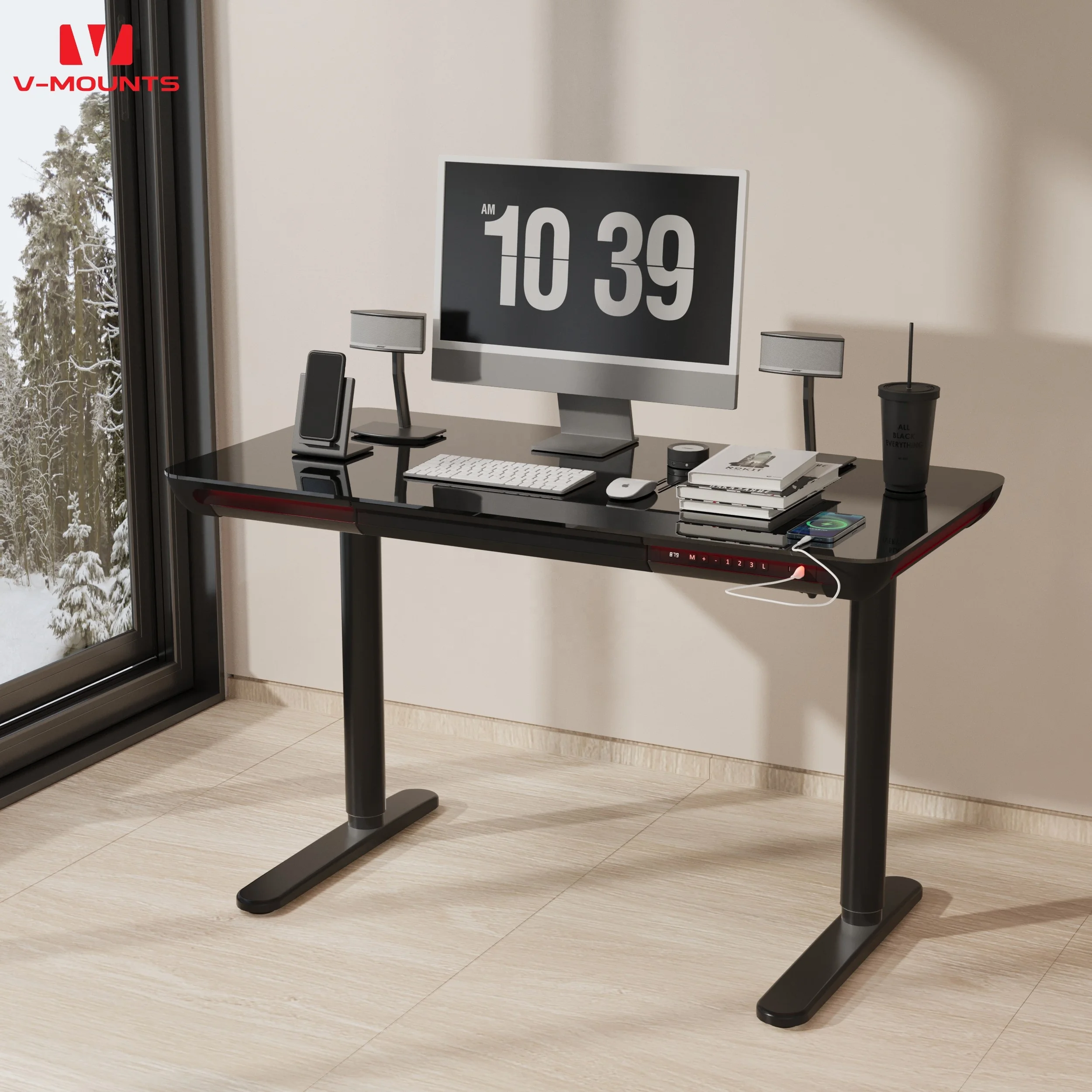 V-mounts Home office adjustable standing desk with drawer & hook & LED light effect strip JSD5-03-G3
