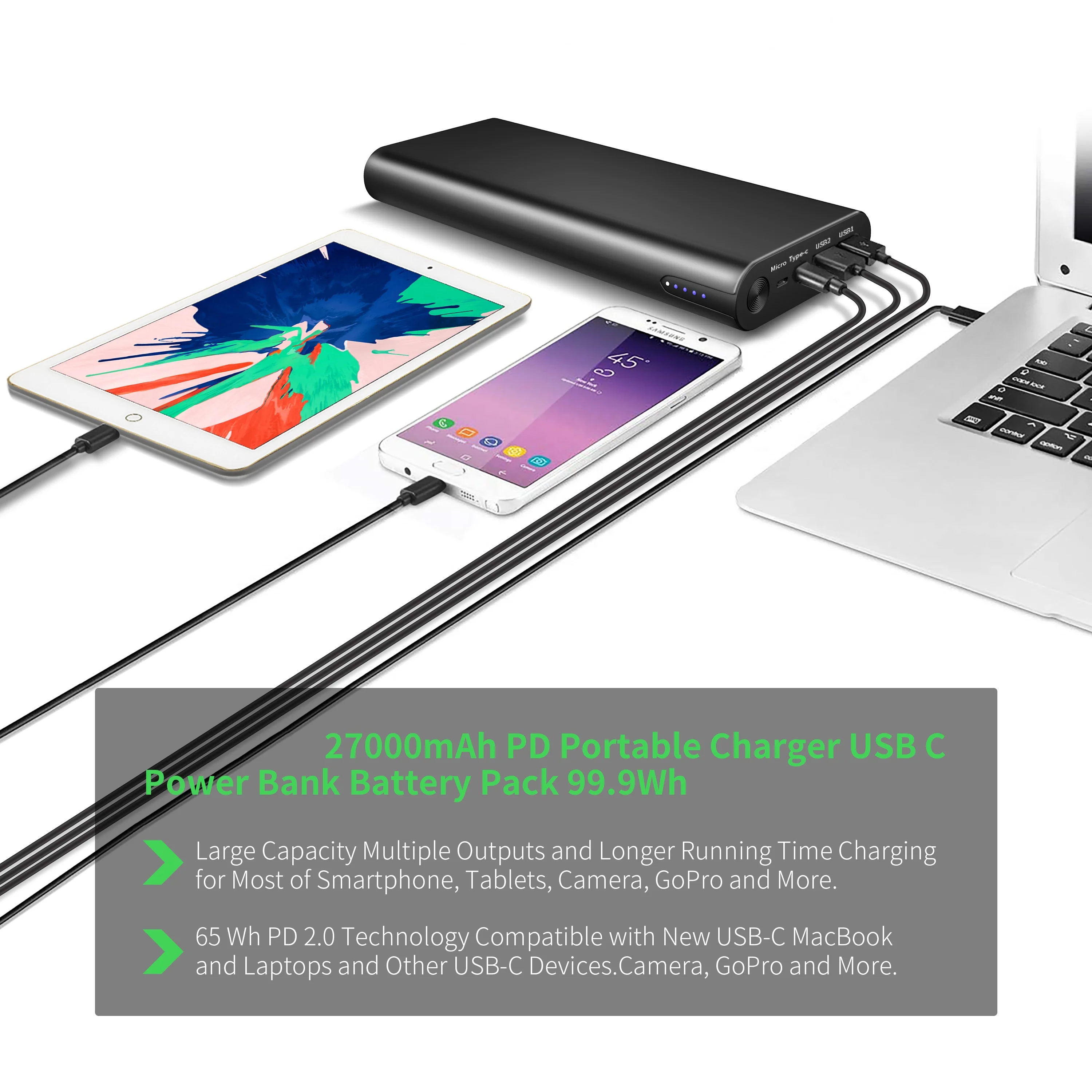 Wholesale High Quality USB Type-C 100W PD Power Bank Model For IPhone Macbook Pd Fast Charger Power Bank 27000mah