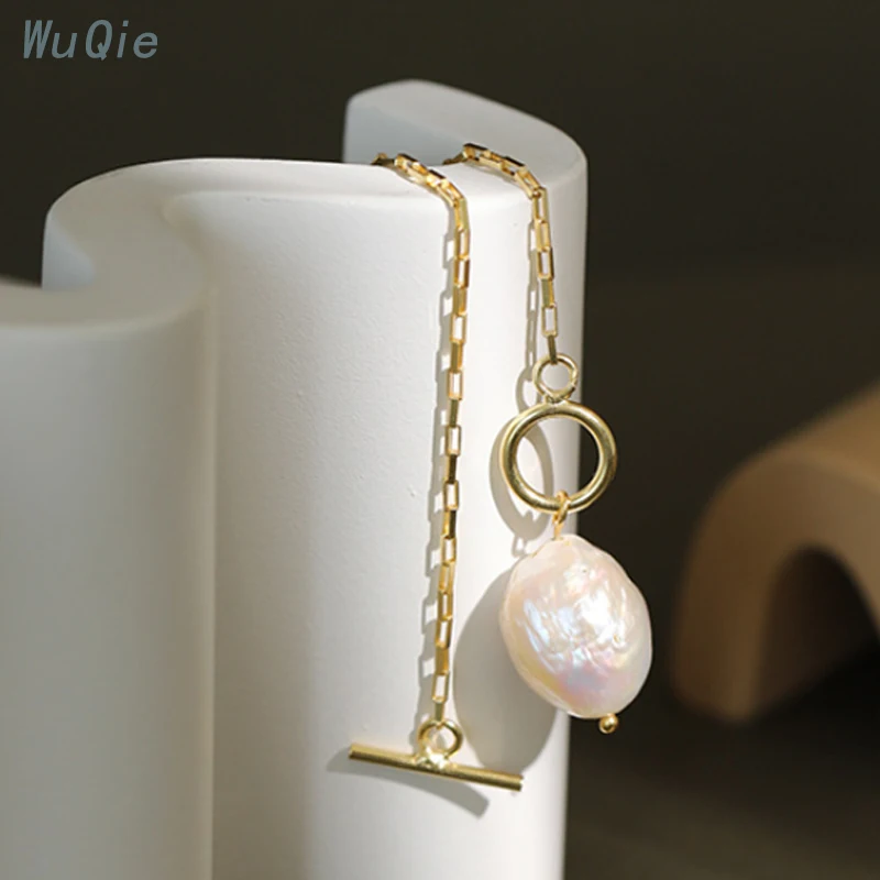 Wuqie 925 Sterling Silver Gold Plated Clasp Pearl Necklace Baroque Natural Freshwater Pearl Choker for Women