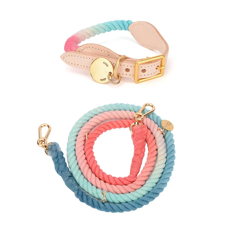 New Ombre Dog Collar And Leash Set Pet Supplies Comfortable Cotton Rope Cowhide Adjustable Engraved Pet Collars And Leash Set