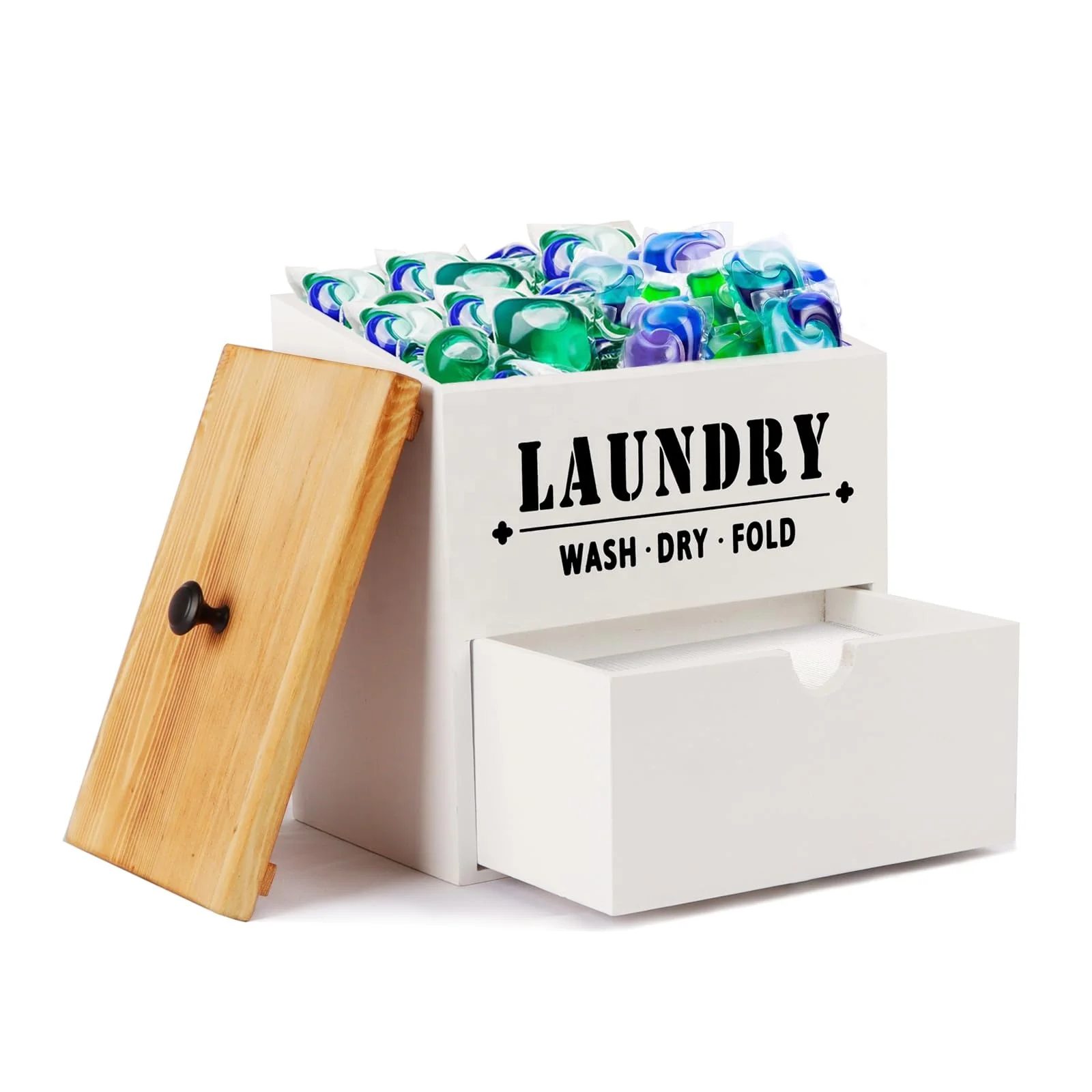 Hot selling home high quality laundry room wooden desiccant storage box laundry pod container Laundry Dryer Sheet Dispenser