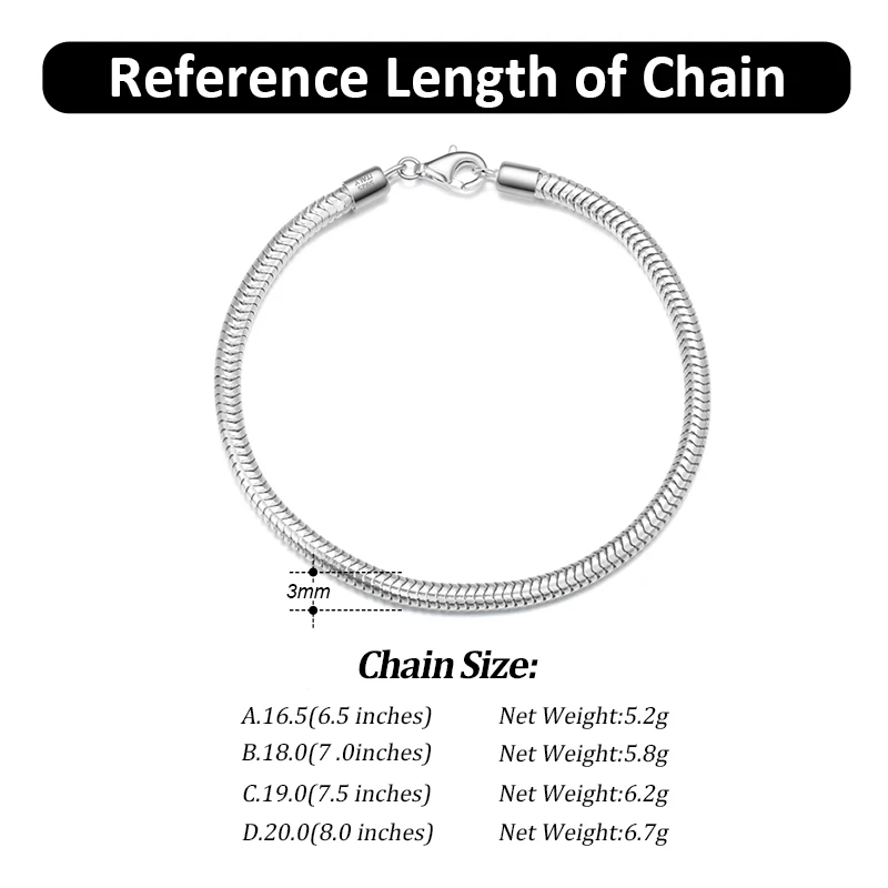 SB100 RINNTIN Solid 925 Sterling Silver Italian 3mm Snake Chain Bracelet for Women Men