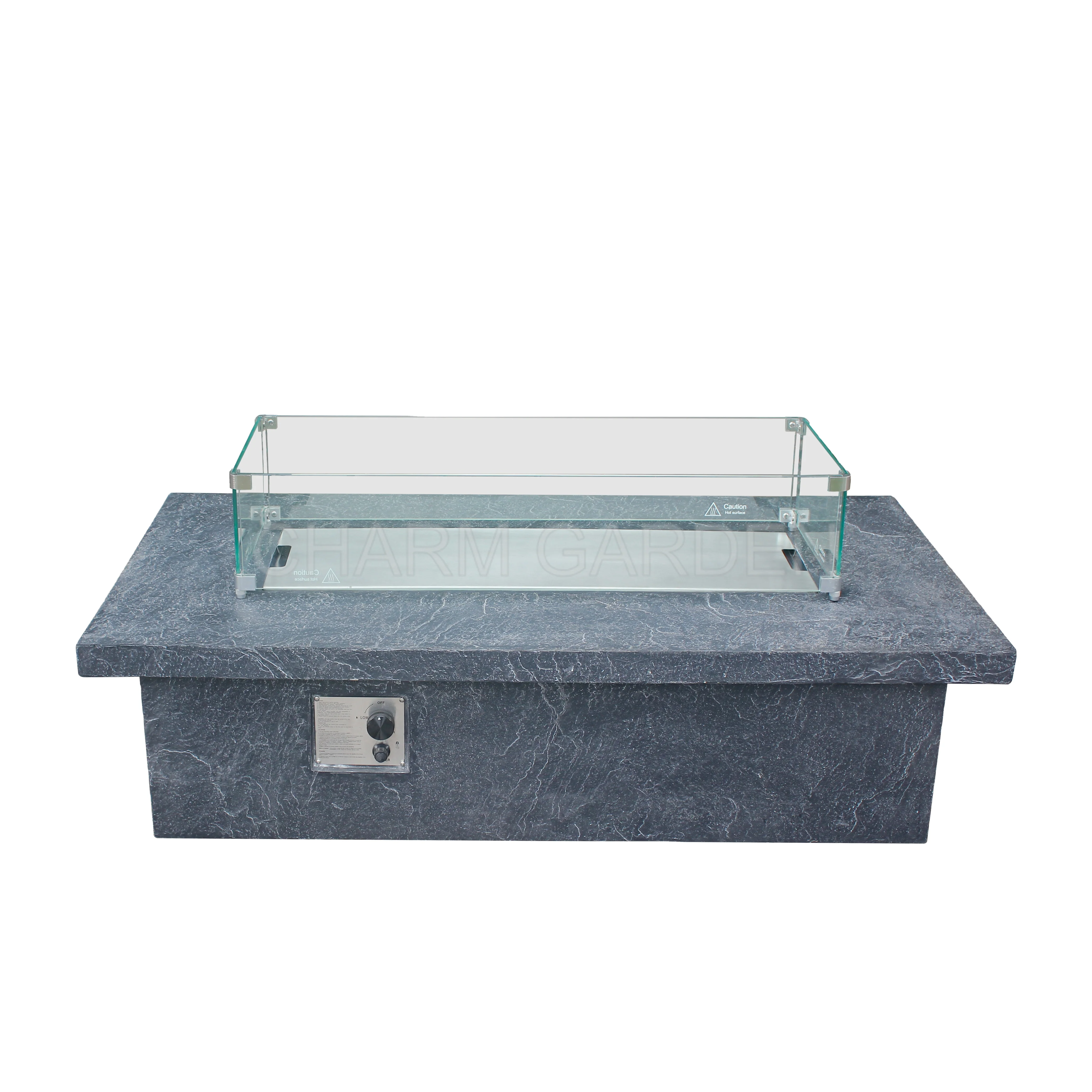 Modern Luxury Rectangle Gas Fire Pit Furniture Outdoor Patio Steel Corten Steel Concrete Glass Wood-Fueled Elegant Garden