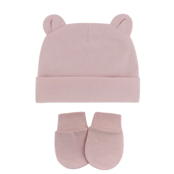 Cute Bear Ear Newborn Baby Beanie Gloves Set Cotton Knitted High Elastic Infant Warm Baby Hat for 0-12 Month