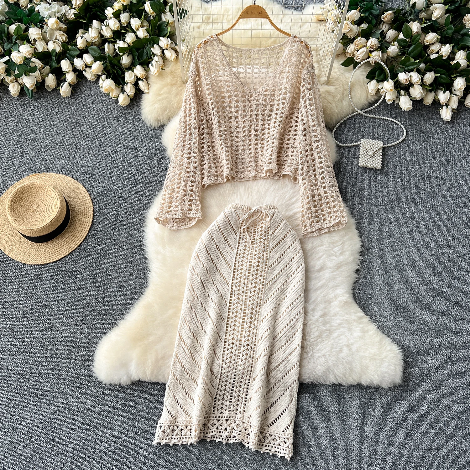 Korean Loose 2 Piece Set For Women Top And High Waist Slim Knitted Hip Skirts Set Ropa Wholesale