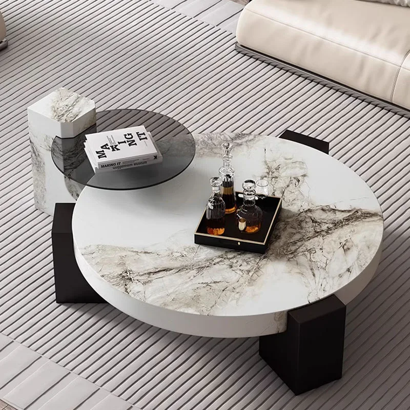 Modern Unique Ceramic Top Round Coffee Table Set Oak Leg Living Room Side Center Coffee Table