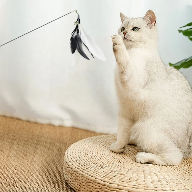 Adorable Cat Interactive Toys Feather Linen Wooden Wand Cat Catcher Teaser Stick