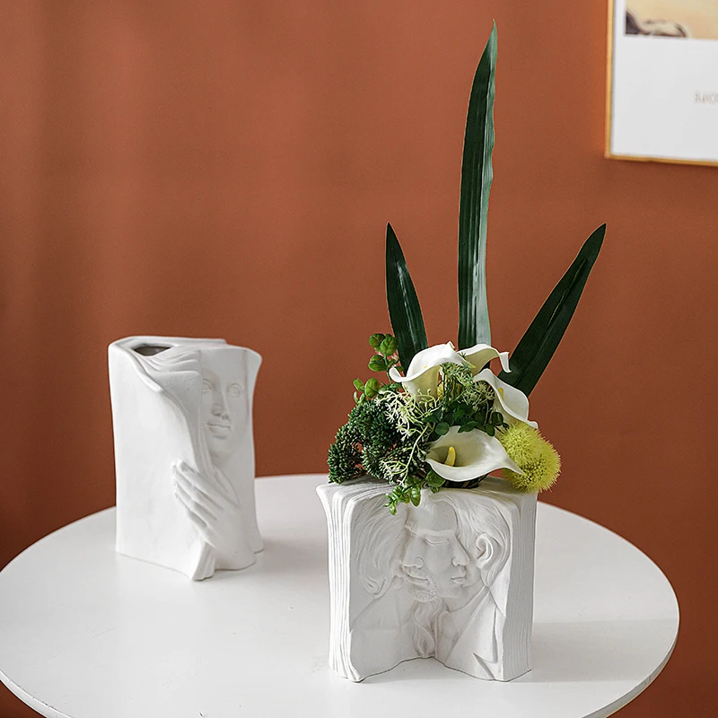 Nordic Decorative White Vases Modern Ceramic & Porcelain Vases for Home Abstract Human Face Book Shape Ceramic Flower Vase