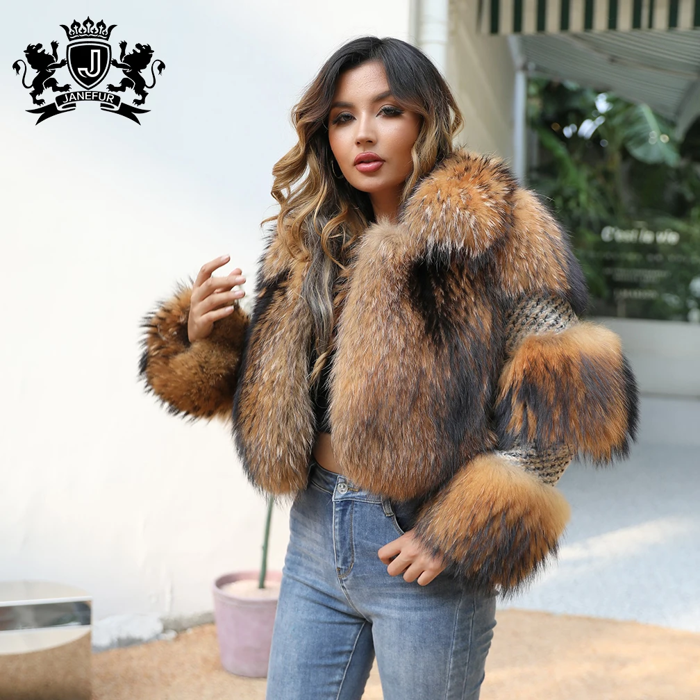 New Arrival Fashion Luxury Cashmere With Natural Raccoon Fur Coat For Women UK Genuine Cropped Fur Jacket