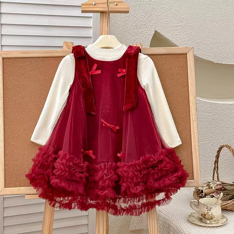 Shuoyang New Bow Princess Dress for Autumn/Winter 2024 A Christmas dress designed for beautiful girls aged 3-13 Boutique skirt