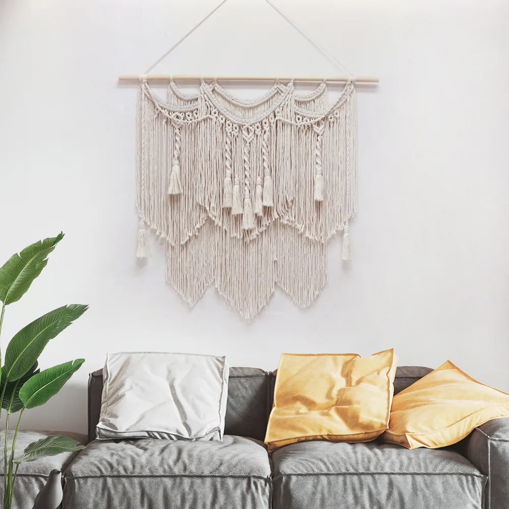 Custom Boho Tapestry Woven Wall Decor Wall Hanging Cotton Tassel Tapestry Macrame Curtain Beige Chic Bohemian Wall Art for Home
