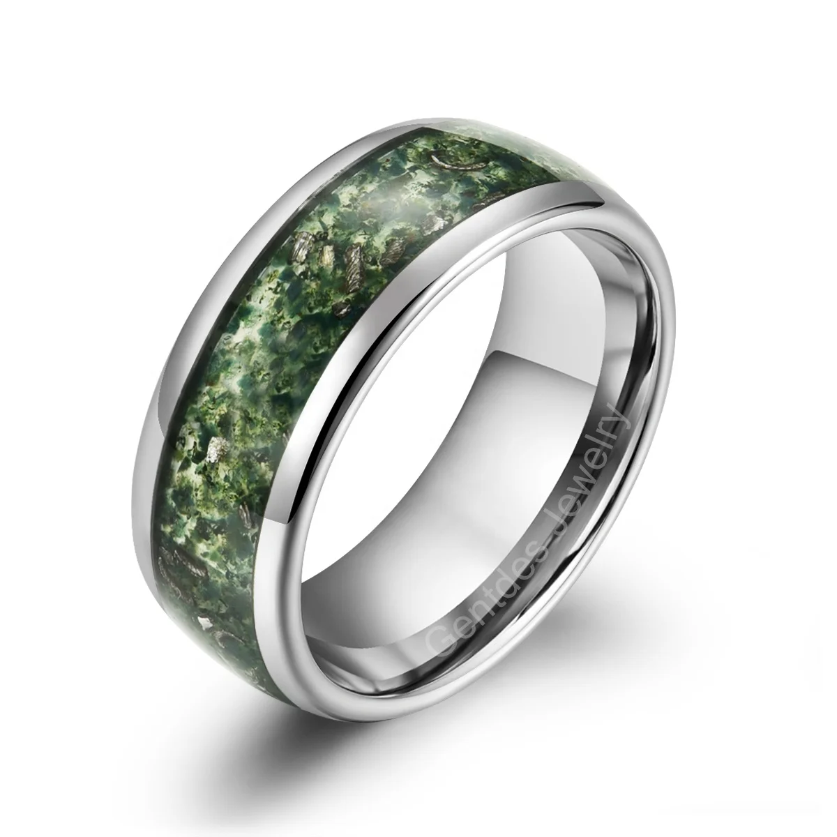 Gentdes Jewelry 8MM Silver Dome Tungsten Ring Crushed Green Agate&Meteorite Inlay Men Tungsten Ring Wedding Band
