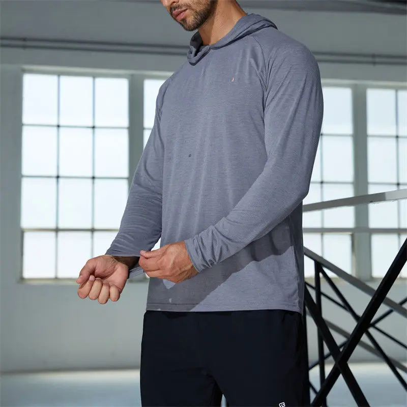 2023 Sportswear nylon spandex men running clothes gym lightweight sports elastic long sleeve t shirts with hood