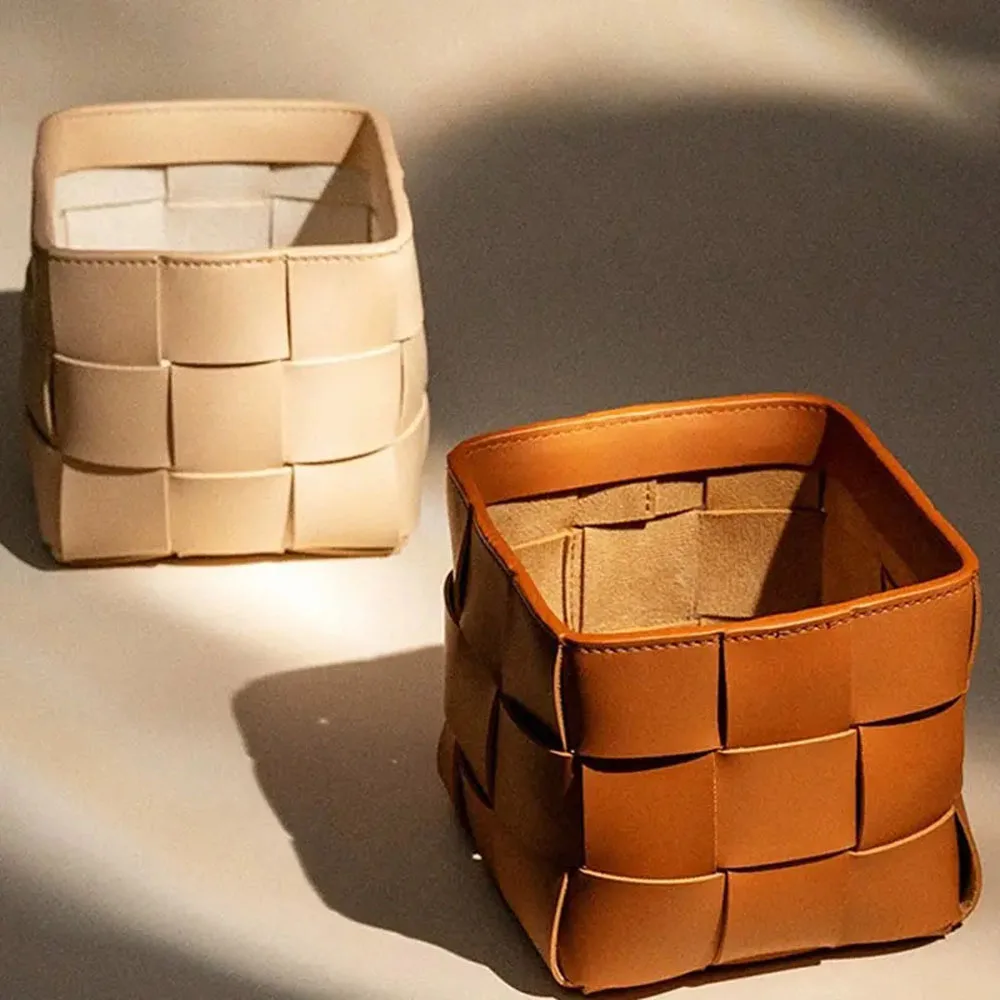 PU Leather Double-Tiered Desktop Organizer Pen Holder Makeup Brush Bucket Storage Wicker Home Office Living Room Bathroom