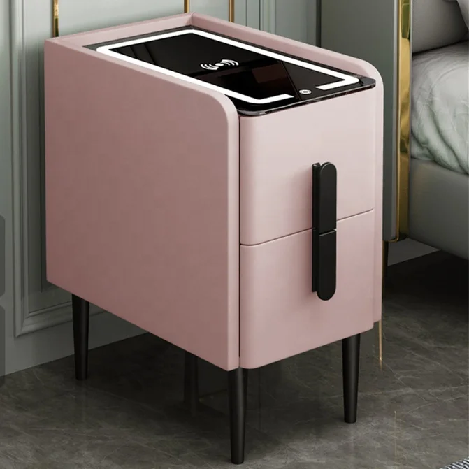 Wholesale Narrow Smart Wireless Charging Nightstand Fingerprint Lock Bluetooth Audio Lamp Bedside Table Bedroom Furniture