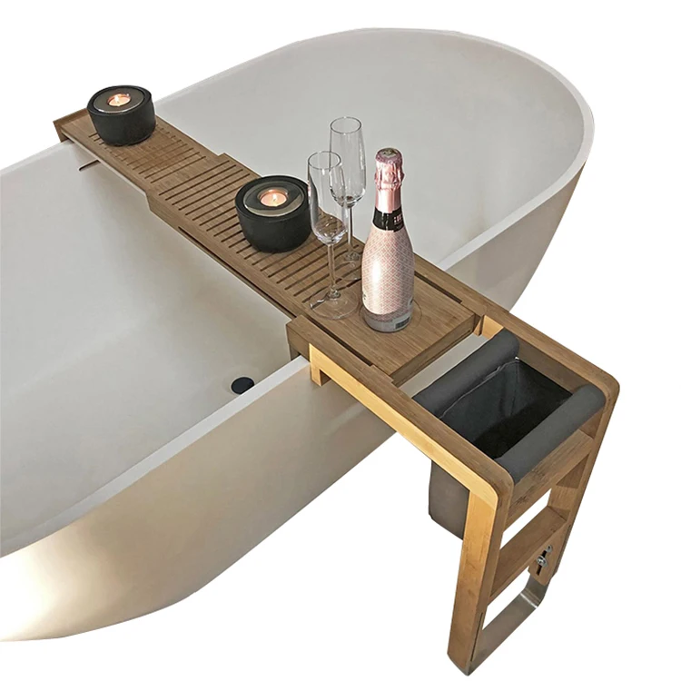 Hotel Luxury Natural Bamboo Extending Shower Caddy Modern Bath Tub Tray with Tablet Book Reading Rack for Bathroom Use