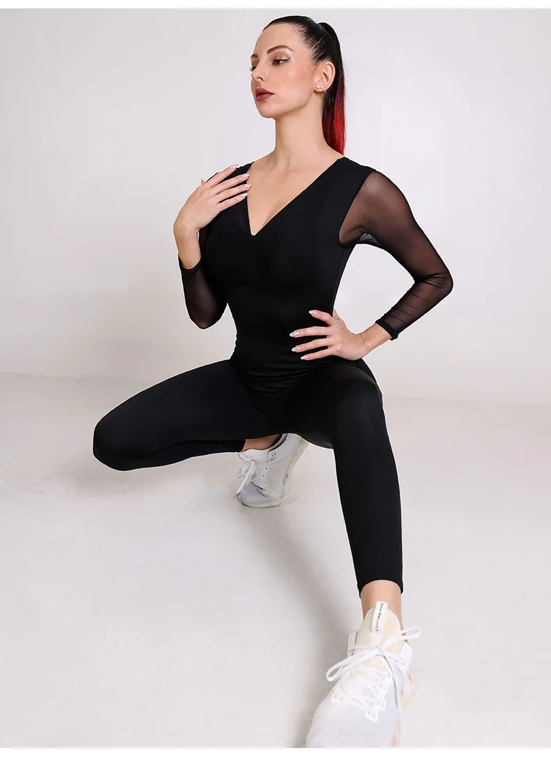 Breathable And Comfortable Yoga Sportswear black Sexy Tight One-Piece mesh long sleeve Sports Exercise Yoga Jumpsuit For Women