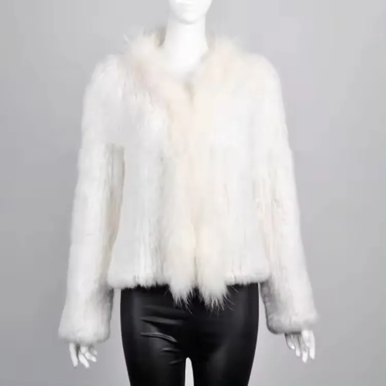 YR258 China Factory Luxury Thick Knitted Winter Fur Coat with Raccoon Fur trimming for Women