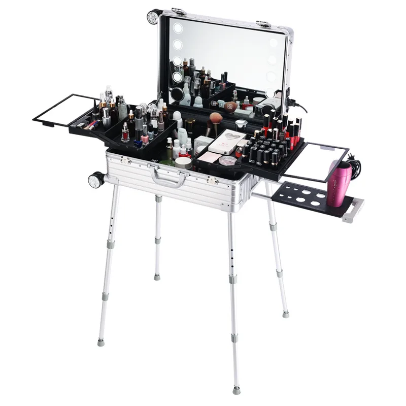 high quality Train Cosmetic case with light bulb Aluminum makeup case Rolling Studio Makeup Artist Cosmetic Case Light Mirror