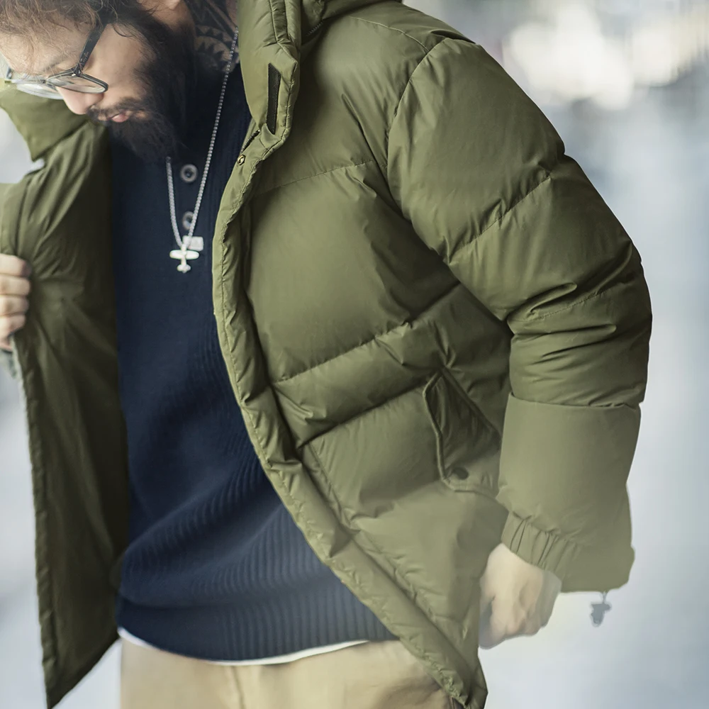 Maden Wholesale Men Down Jacket Vintage Workwear Retro Waxed Winter Cold-Resistant Hooded Thick Stand Collar Puffer Coat Winter