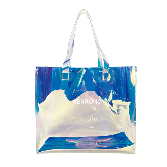 2024 custom fashion pvc clear makeup cosmetic holographic tote bag