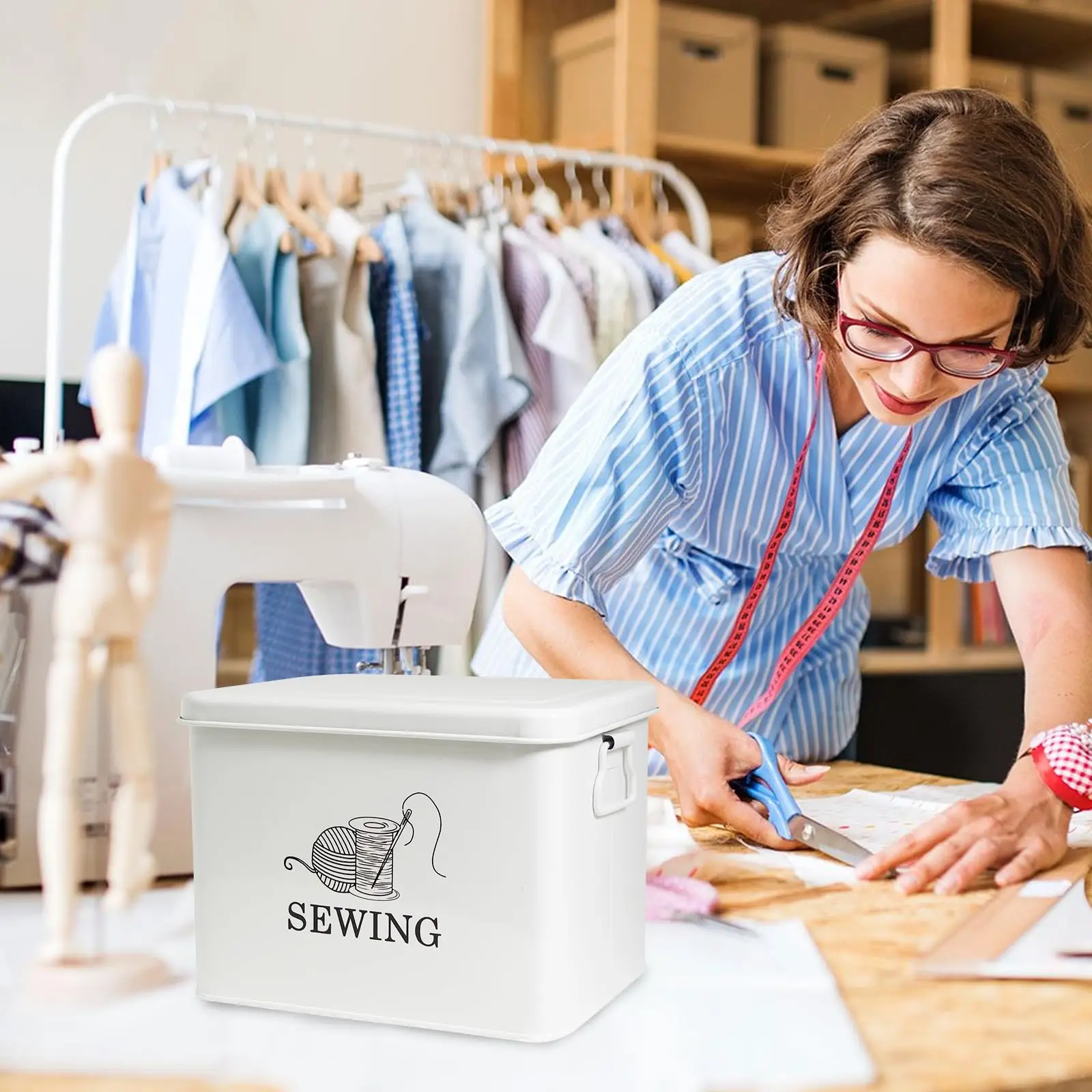 Household Galvanized Iron Sewing Storage Box  Metal Large Space Sewing Kit Storage Tool Box With Tray