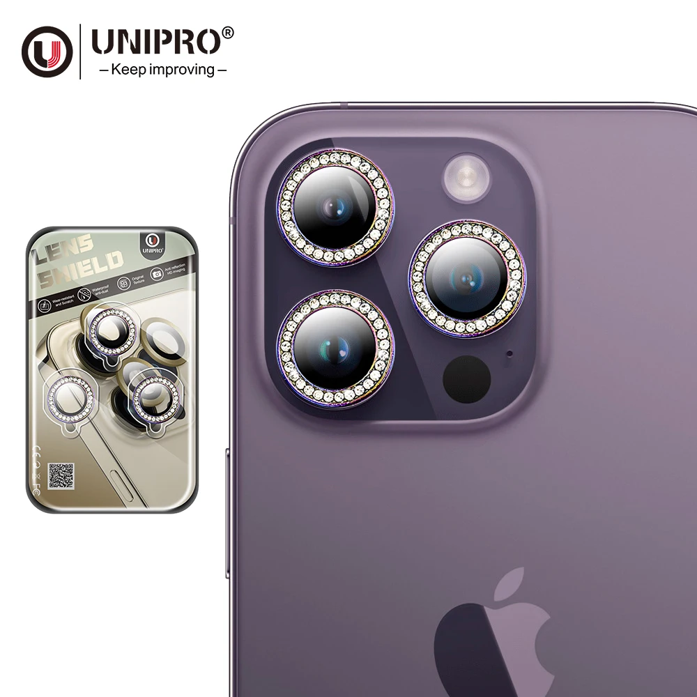 UNIPRO Colorful Glitter Diamond Camera Lens Screen Protector for iPhone 14 13 12 Pro Mini Anti Scratch Back Camera Metal Ring