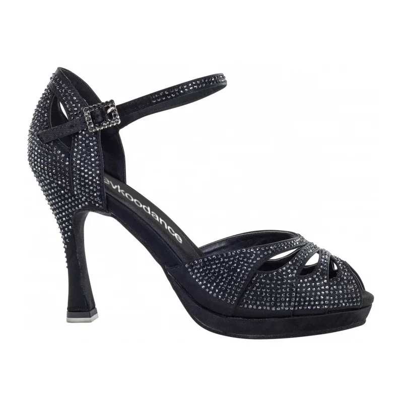 New Arrival  Latin Dance  Women Sport 9cm Heel Black Satin With Rhinestone Size US 4-12 Latin Salsa Ballroom Dance Shoes