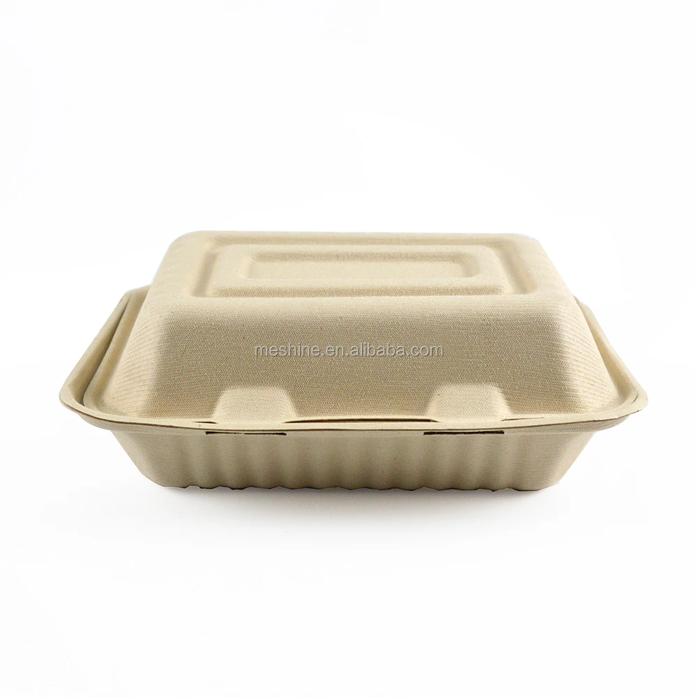 9x9 3-Compartment Clamshell Take out Food Container 100% Compostable Disposable To-Go Containers with Hinged Lid Togo Plates