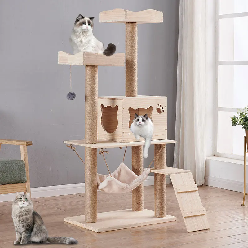 factory custom luxury modern Wooden cat climbing tree wood Scratching Post Tower Platform cat trees parts tower scratcher