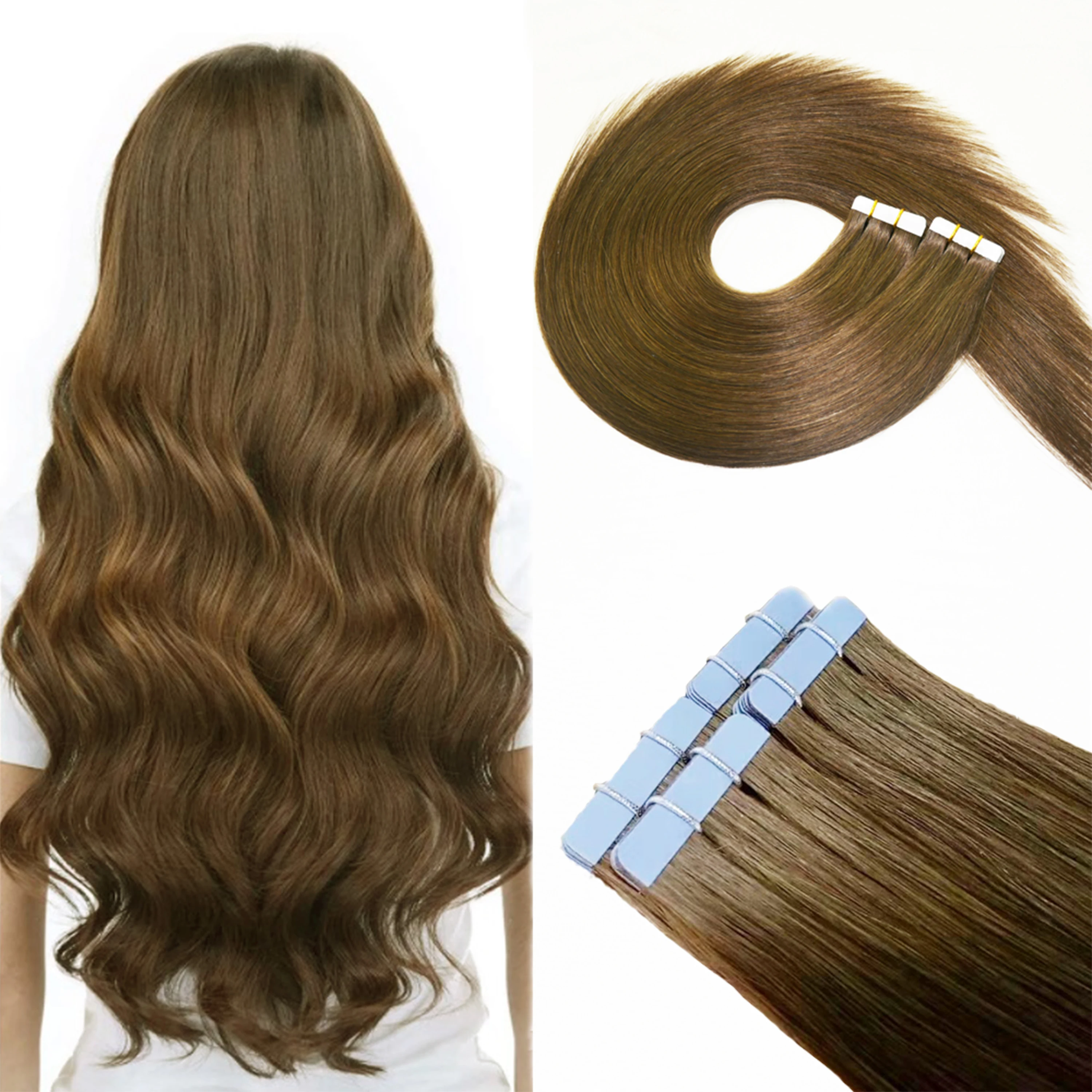 Wholesale Factory Supplier Middle Brown Russian 100 Natural Hair Extension Real Human Raw Tape In Extensions Tape Hair