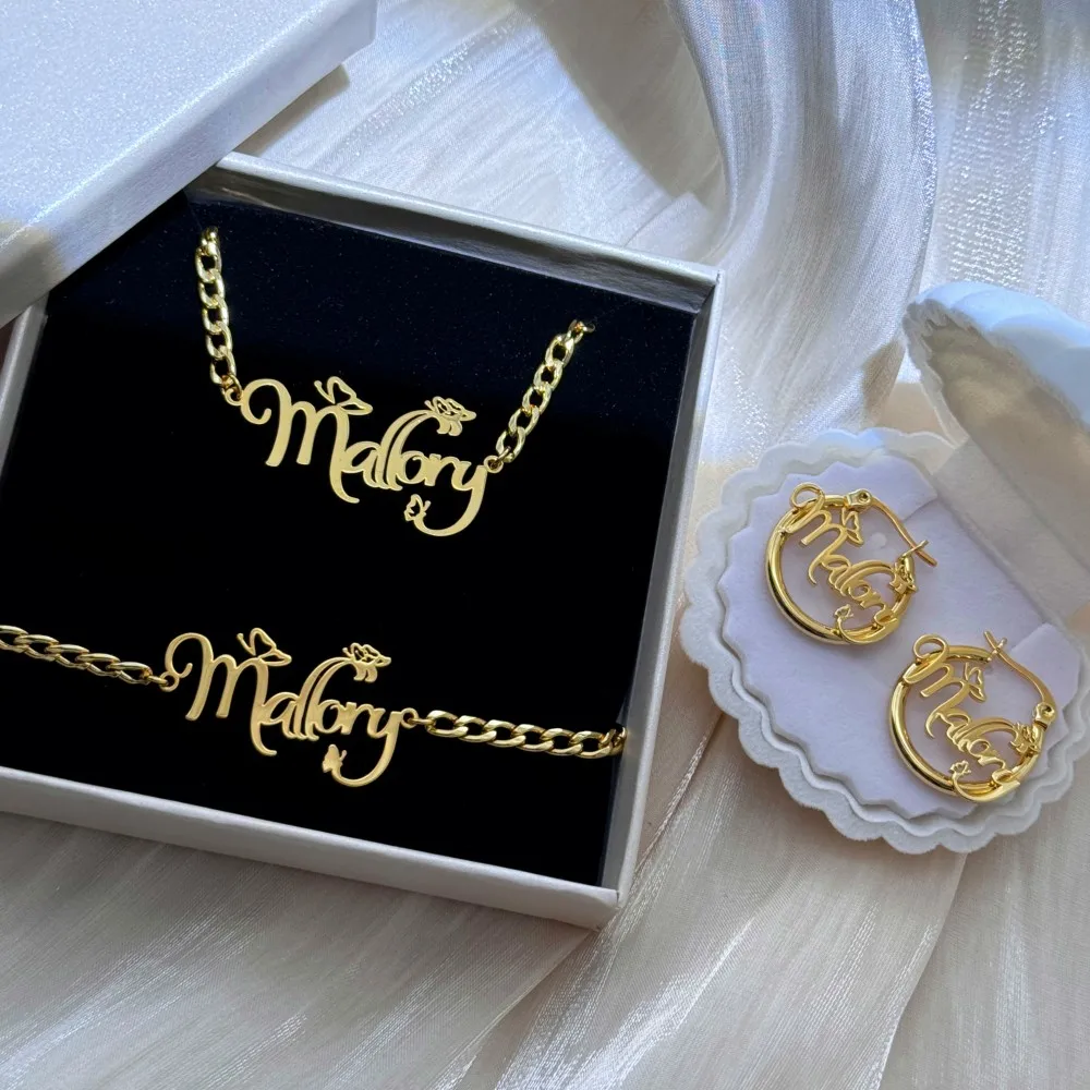 QIUHAN 3pcs Nameplate 20mm Hoop Earrings Letter Bracelet Jewelry Gift Kids Butterfly Custom Name Set