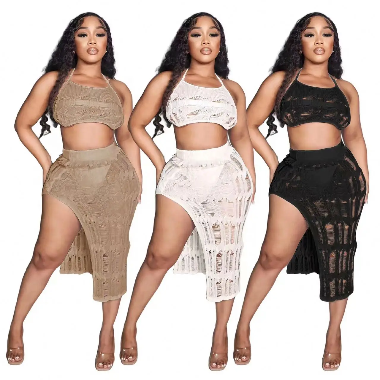 Summer 2023 beach wear sweater skirts set women knitted tops and split skirt sexy hollow out 2 piece set resort wear