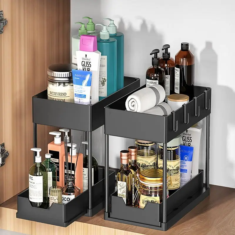 Under Sink Organizer Desktop Storage Shelf Pull Out Double Layer Plastic Spice Storage Rack Kitchen Storage Rack