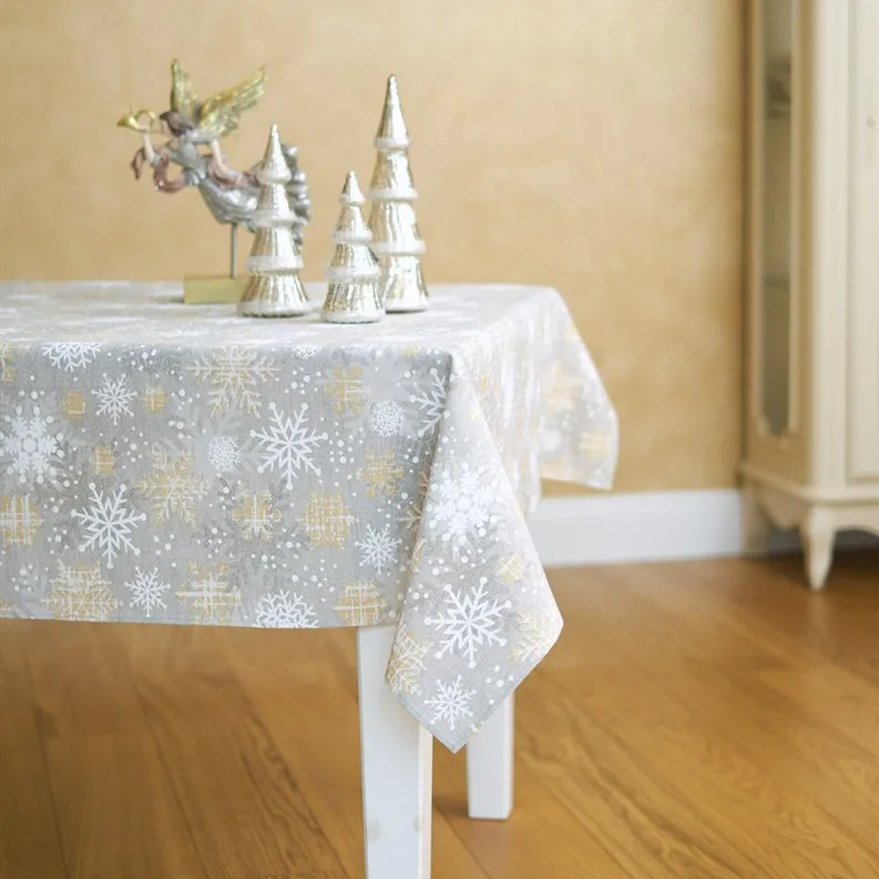 Square Rectangular Light Grey Tablecloth-Printed White & Golden Snowflakes on Grey Background-Christmas Table Cover- Festive Tab