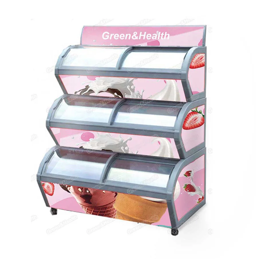 New Design Supermarket Commercial Dual Curved Sliding Glass Door Chest Ice Cream Display Showcase Chiller Fridge
