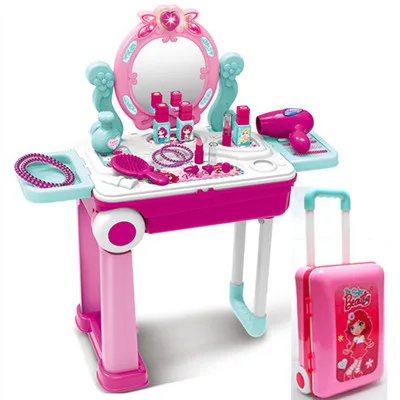 Best Selling 2 In 1 Preschool Beauty Dresser Table Pretend Play Set Girls Cosmetic Make Up Toys With Suitcase