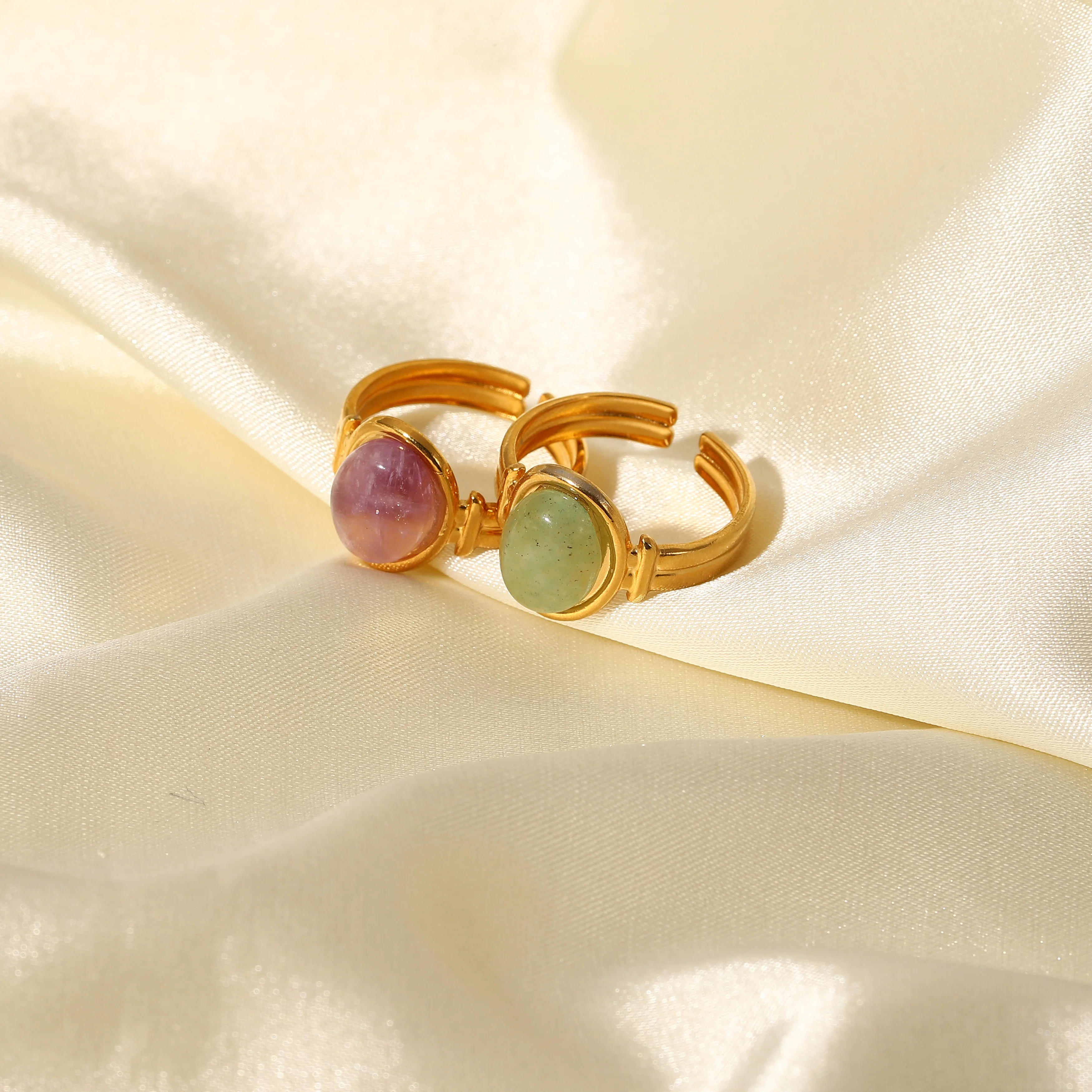 18K Gold Plated Stainless Steel Round Natural Green  Stone Adjustable Rings For Women