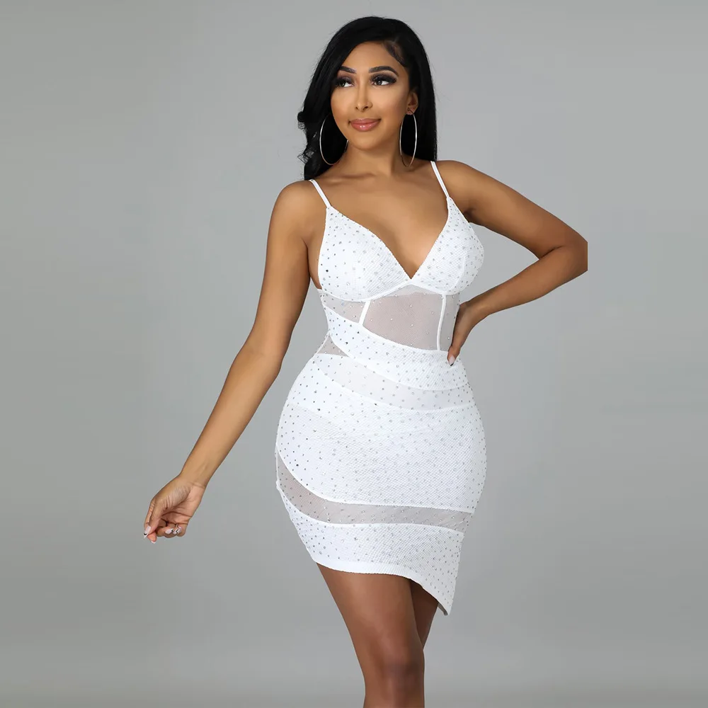 sexy women club diamond slip dress See through with Rhinestone dress