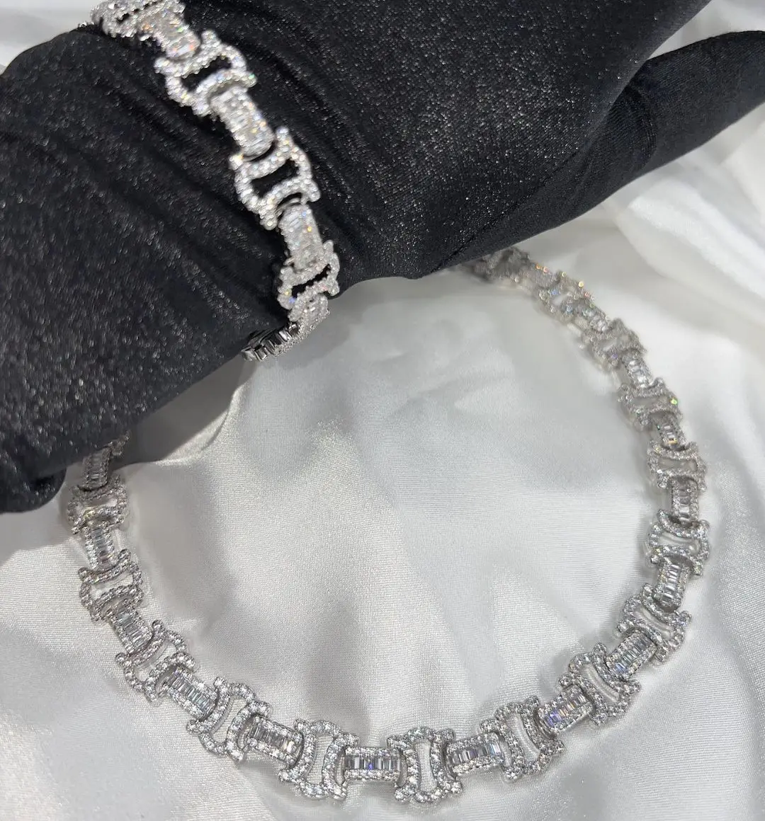 Iced Out Bling CZ Hip Hop Women Chain Bracelet Necklace Set 5A Cubic Zirconia Byzantine Chain Jewelry
