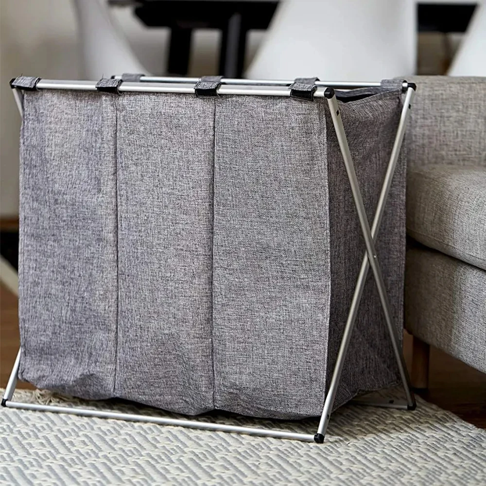 High quality aluminium frame 3 compartments laundry hamper basket