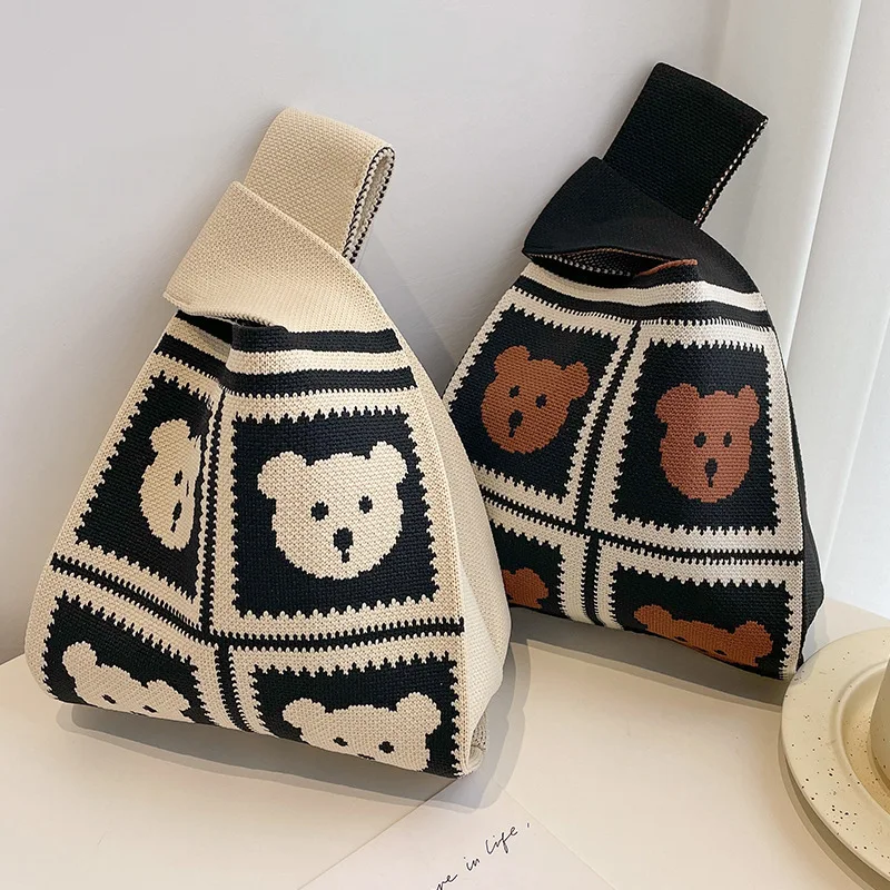 Winter Thick Hand Bag Cute Cartoon Animal Panda Style Unique Knitted Fabric Wrist Mini Bag For Gifts