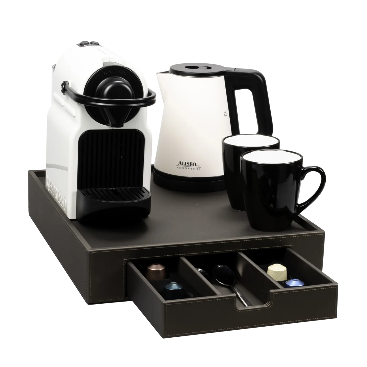 hotel supplies custom leather Coffee Capsule London tray hotel welcome tray coffee bar capsules organizer box hospitality tray