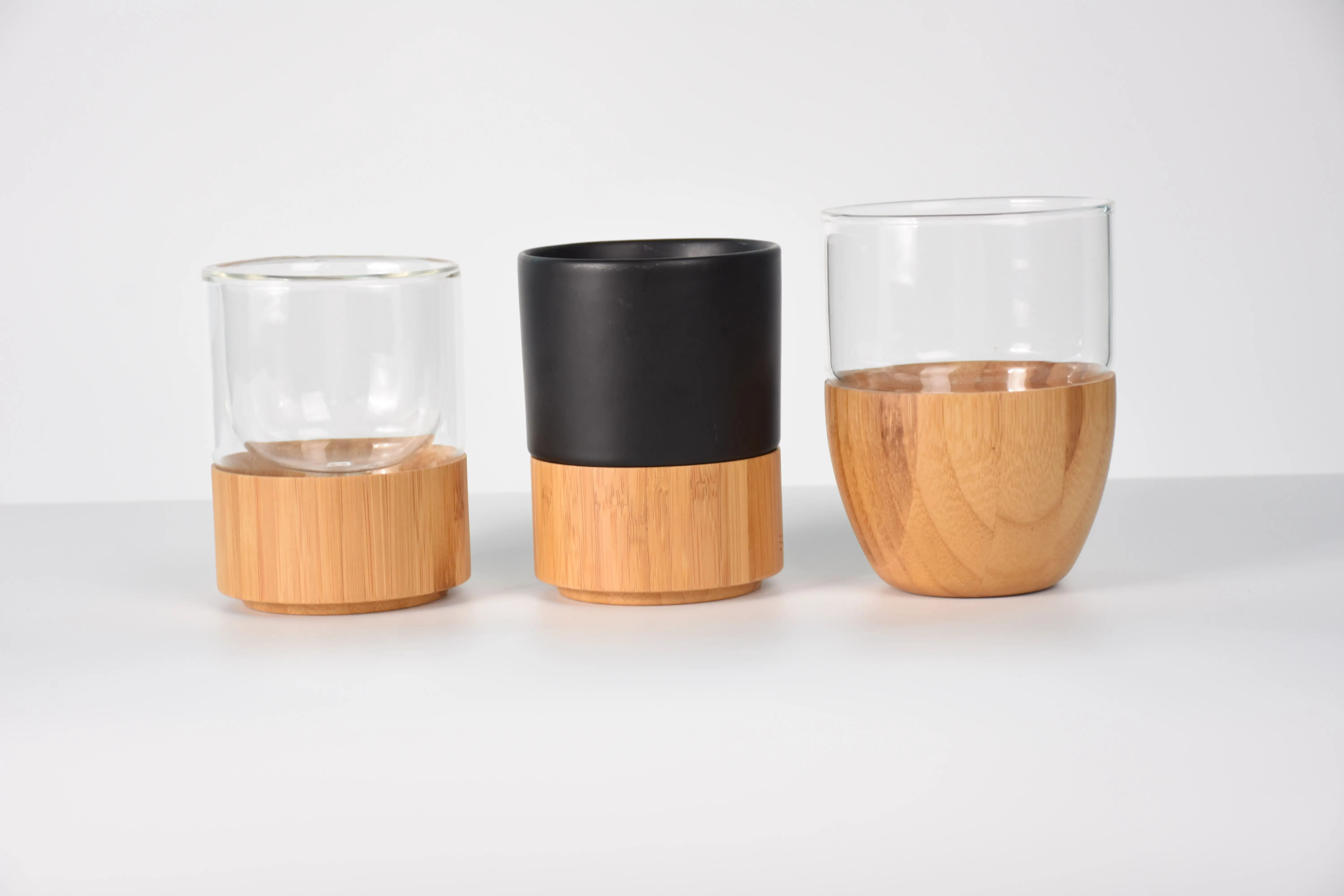 Promotion double wall coffee or tea Glass cup with silver and bamboo bottom