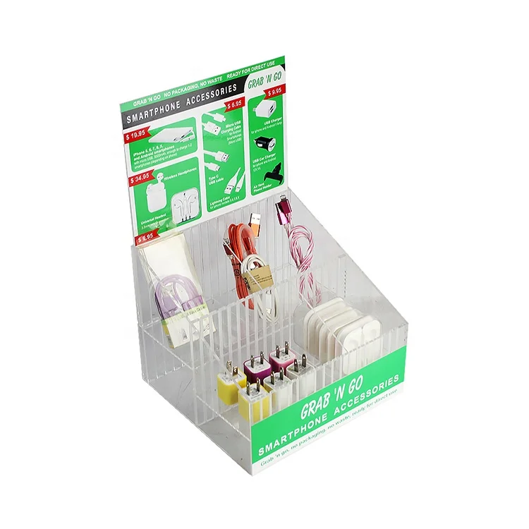 Adjustable Cardboard USB cable counter display for cell phone accessories wall charger display counter