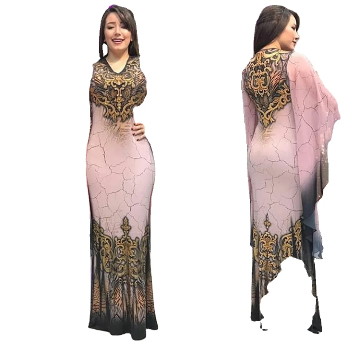 African fashion ladies ware printed v-neck fit body fish-tail big chiffon long hand long dress