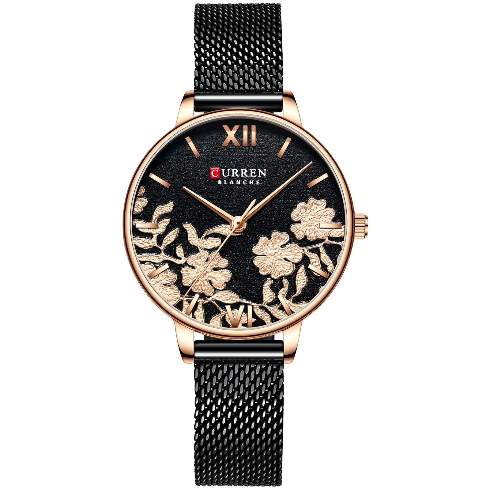 High end 9065 Curren roman digital scale display floral texture mesh quartz women watch exquisite fresh