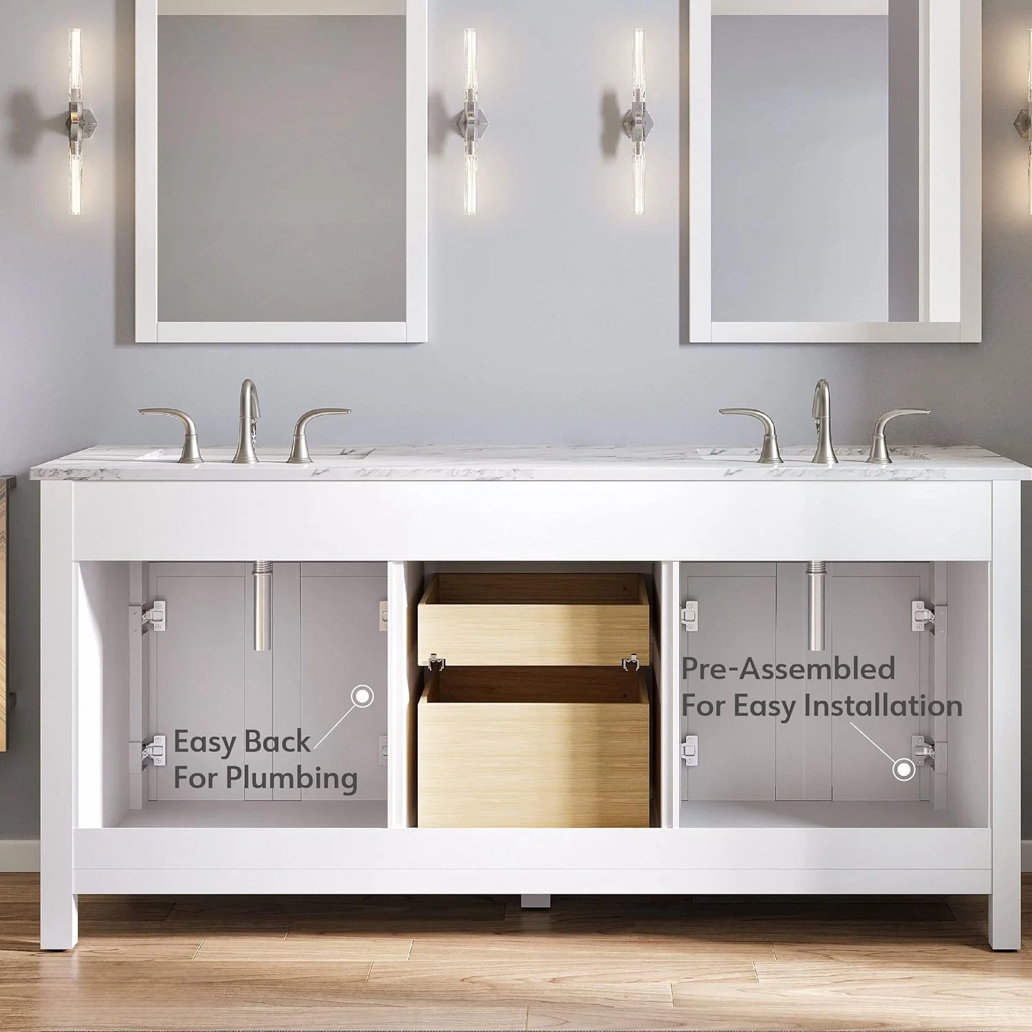 Villa 60-Inch Double Sink Bathroom Vanity Countertop in White Bathroom Vanity and Sink Combo Contemporary Bathroom Cabinets