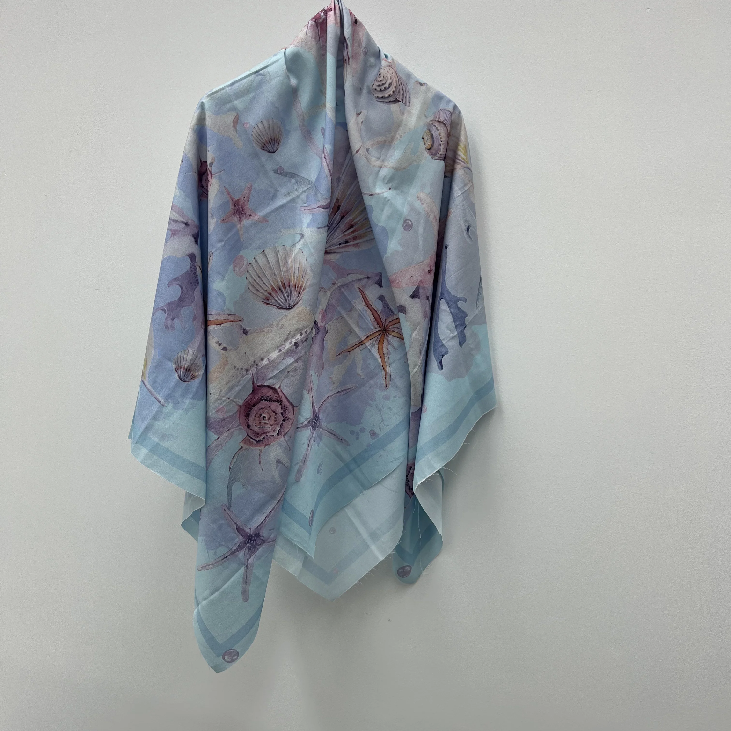 custom tropical style printed sky blue starfish polyester silk scarf Square Head scarf Muslim headscarf hijab