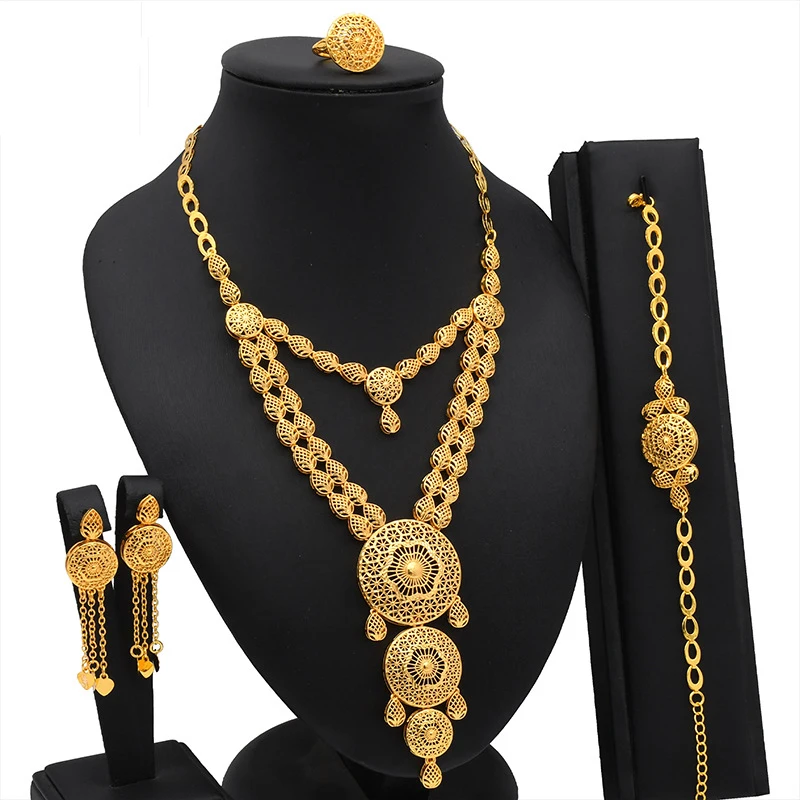 24K Gold Plated Dubai Jewelry Set For Women Middle East Necklace Bracelet Earrings Ethiopian Saudi Arabia Wedding Jewelry